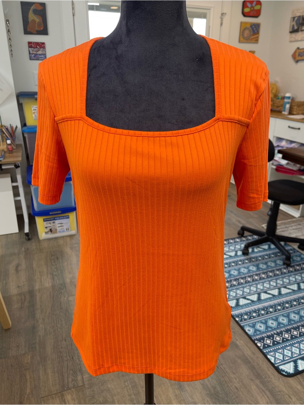 white birch Bright Orange Ribbed Square-Neck Short Sleeve Top